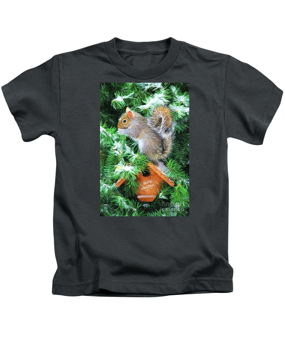 Squirrel Kids T-Shirt featuring the photograph Merry Christmas Squirrel by Tina LeCour