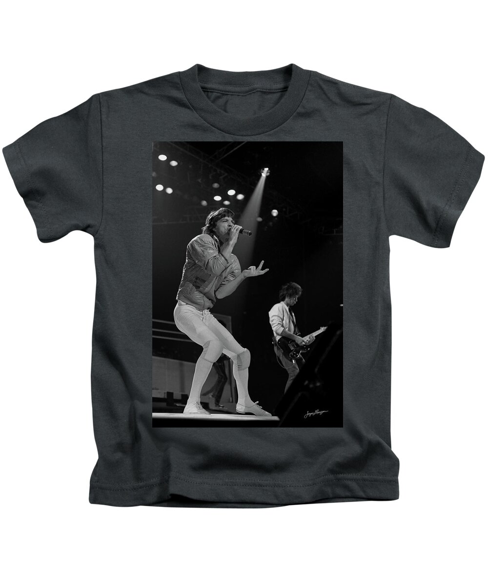Mick Jagger Kids T-Shirt featuring the photograph Mick Jagger and Keith Richards on Stage by Jurgen Lorenzen