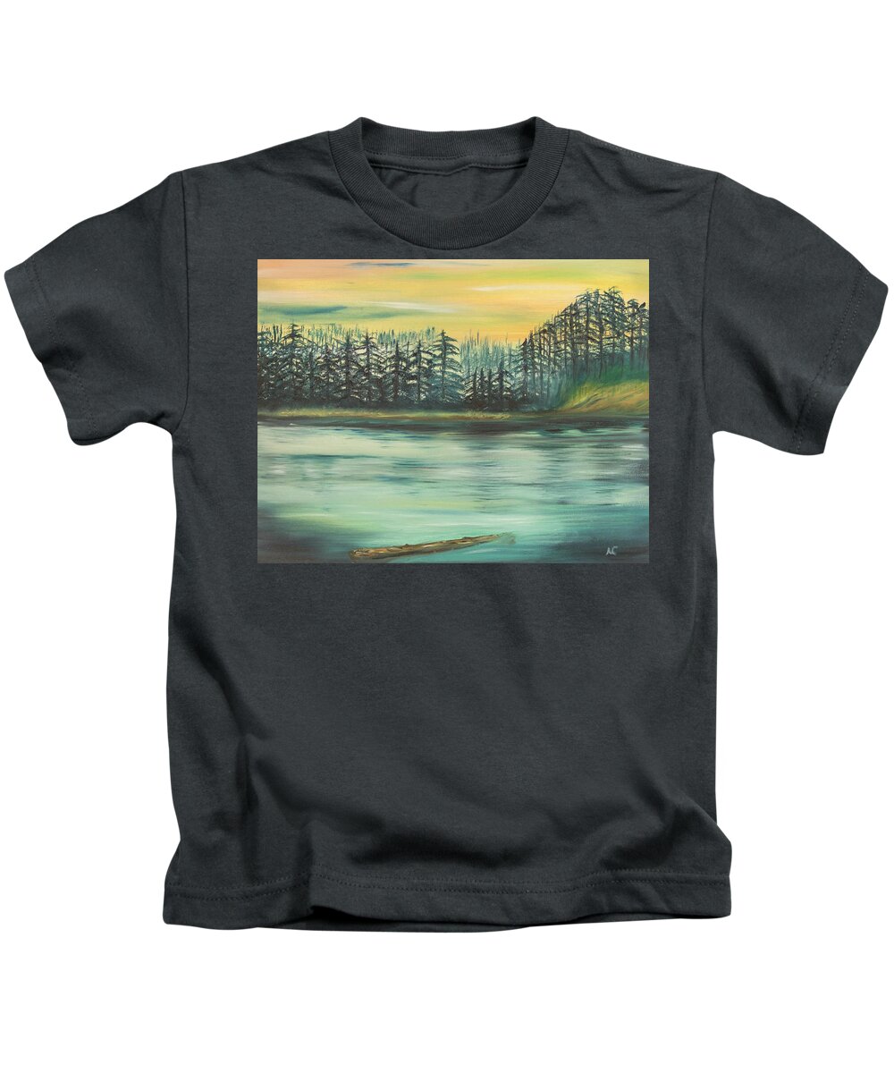 Lake Kids T-Shirt featuring the painting Mirror Lake by Neslihan Ergul Colley