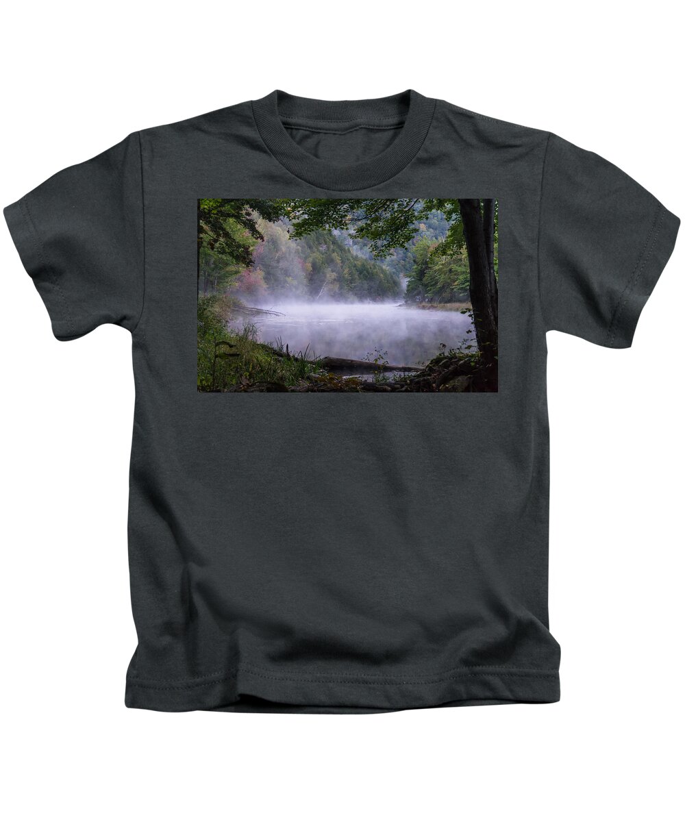 Mist Kids T-Shirt featuring the photograph Misty Morning At Pond's Shore by Ann Moore