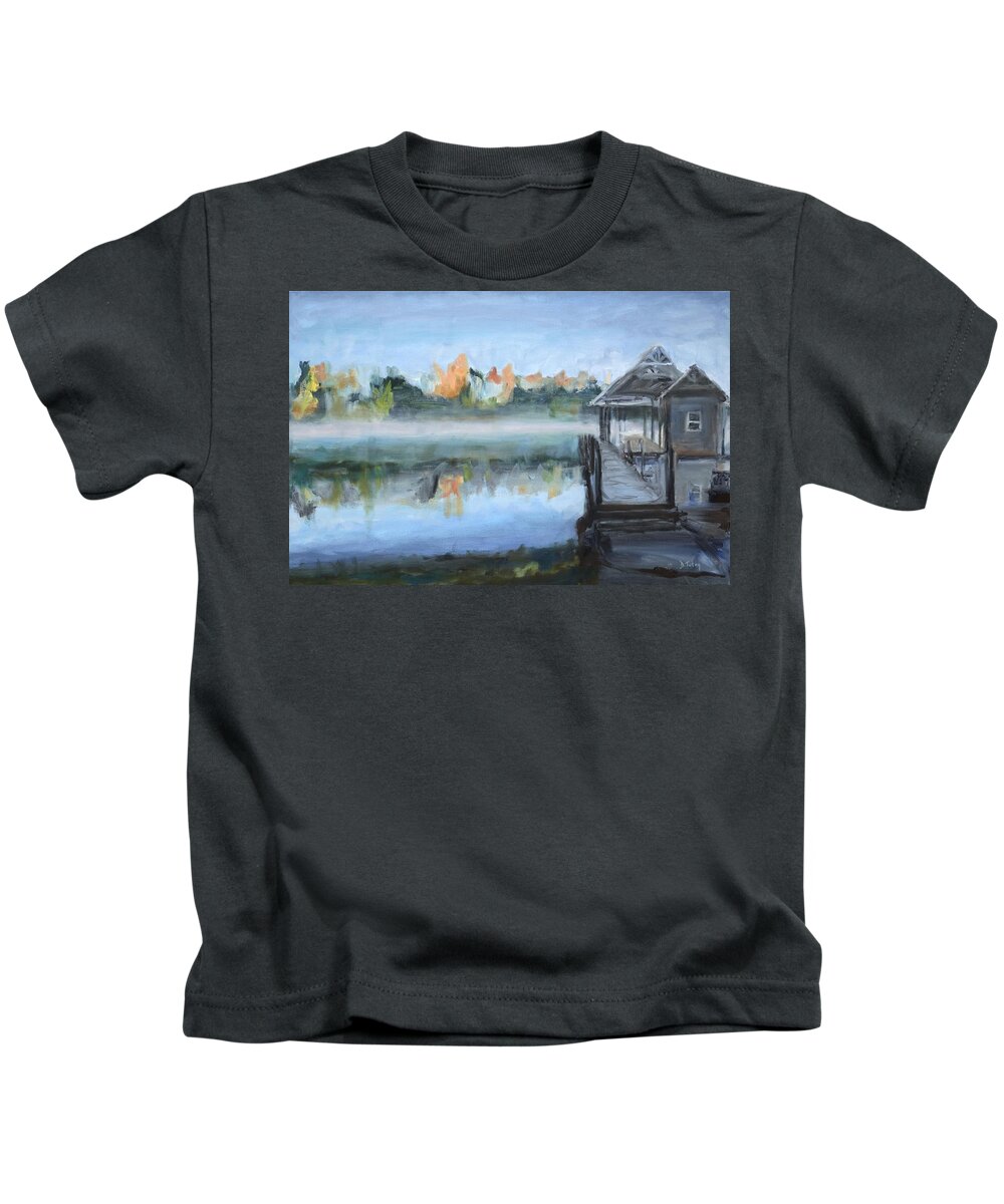 Lake Kids T-Shirt featuring the painting Misty Morning Dock at Smith Mountain Lake by Donna Tuten
