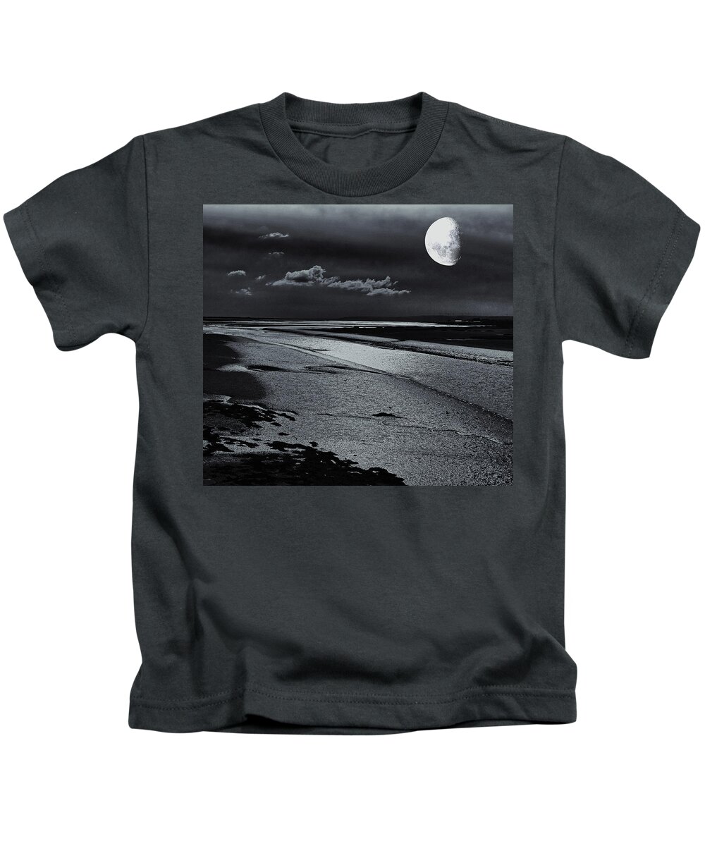 Moon Kids T-Shirt featuring the digital art Moon over the Estuary Monochrome by Jeff Townsend