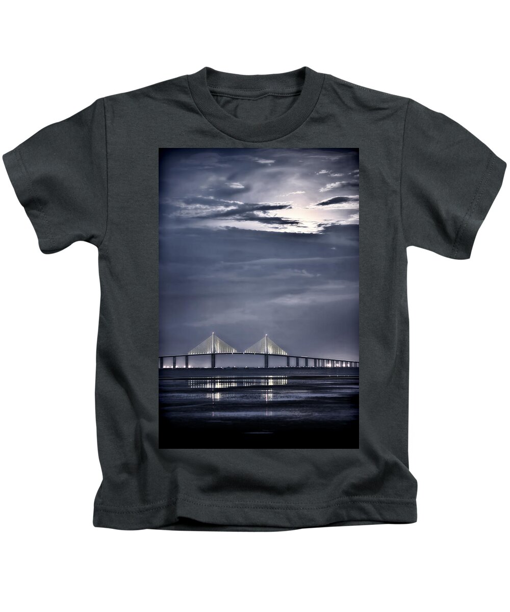 Moon Kids T-Shirt featuring the photograph Moonrise Over Sunshine Skyway Bridge by Steven Sparks