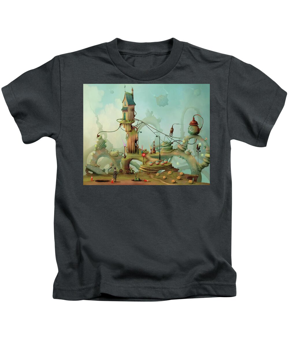 Time Travel Kids T-Shirt featuring the painting Moonshine Manor the finest distillery west of the sun by Joe Gilronan