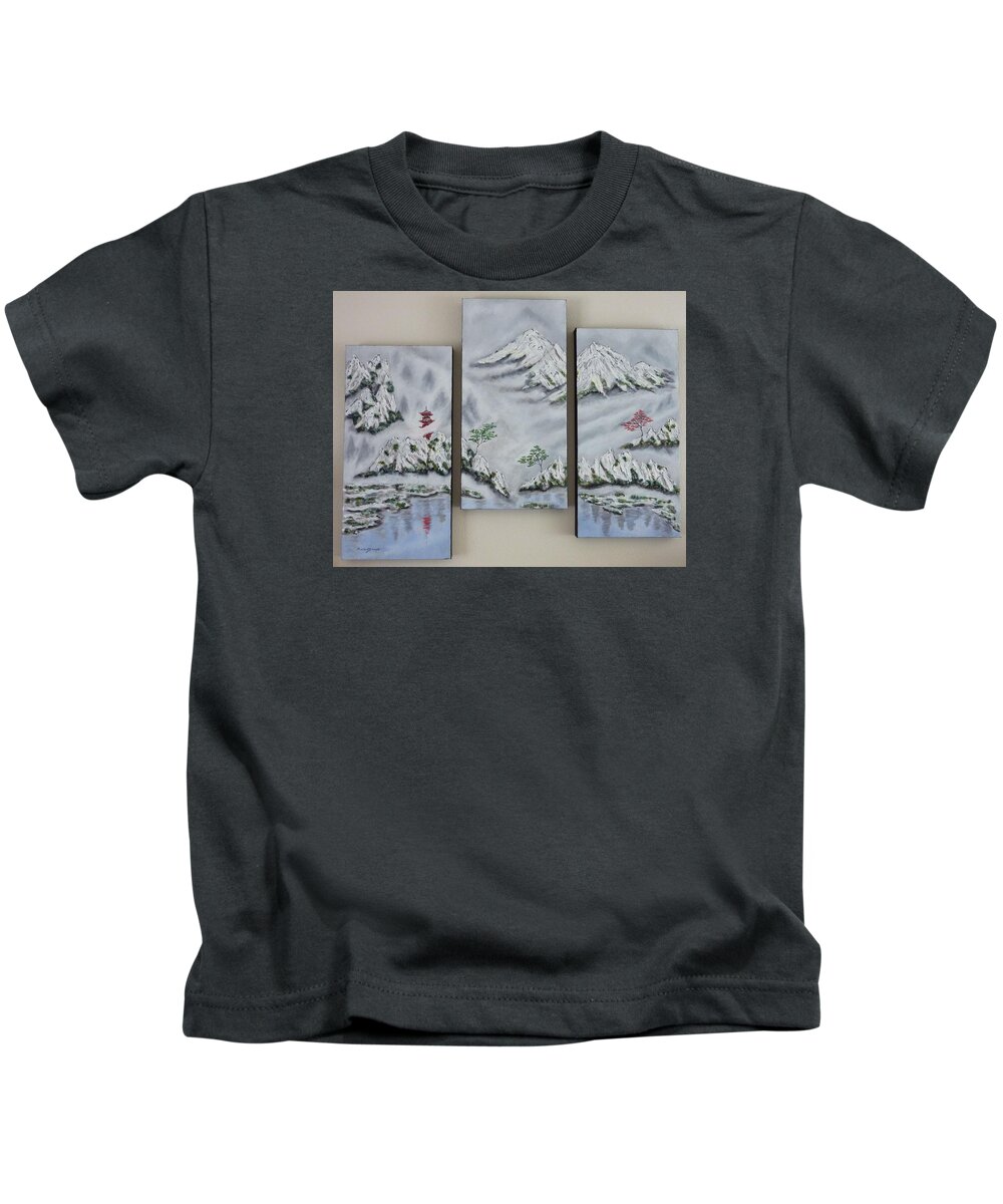 Morning Mist Kids T-Shirt featuring the painting Morning Mist Triptych by Amelie Simmons