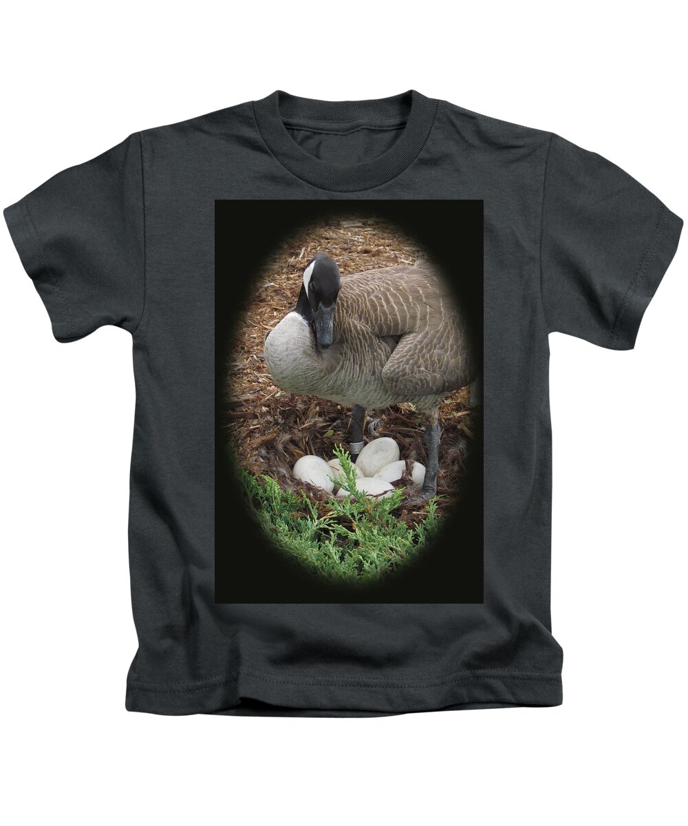 Canadian Goose Kids T-Shirt featuring the pyrography Mother Goose Counts Five by W James Mortensen