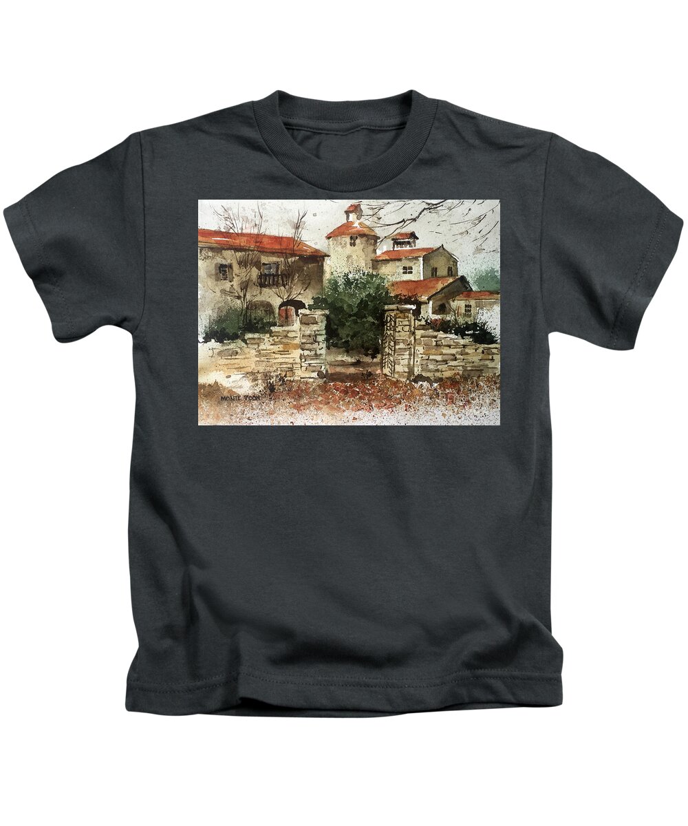 A Rustic Gate Opens To A Rural Villa. Kids T-Shirt featuring the painting Neighbors Gate by Monte Toon