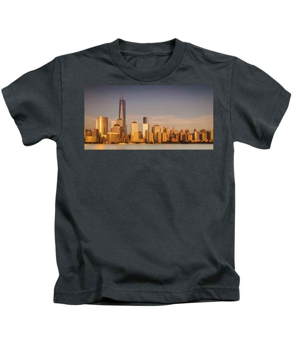 New World Trade Memorial Center Kids T-Shirt featuring the photograph New World Trade Memorial Center and New York City Skyline Panorama by Ranjay Mitra