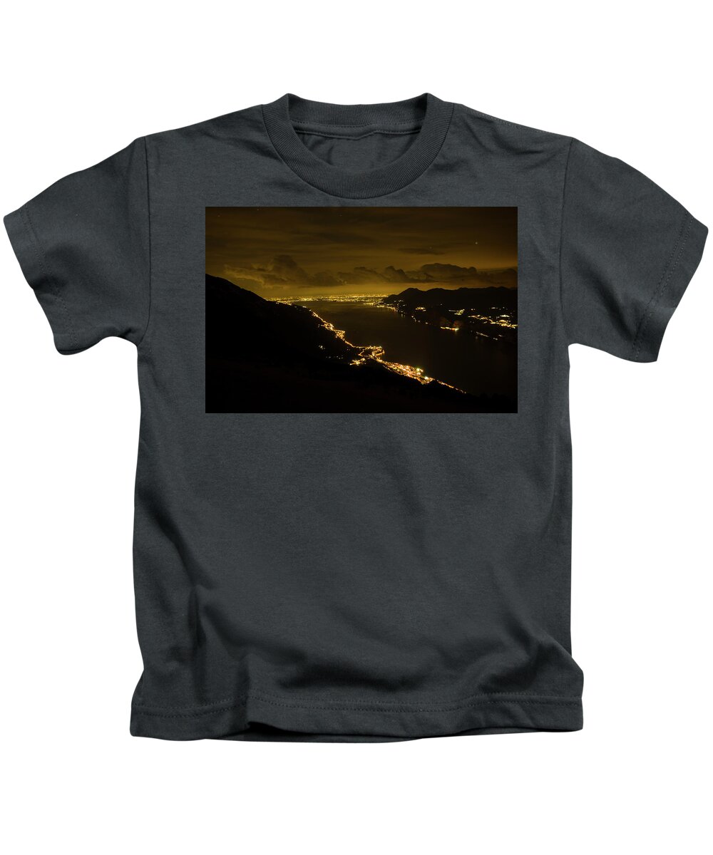 Night Kids T-Shirt featuring the photograph Night view of lkae Garda from Monte Baldo by Nicola Aristolao