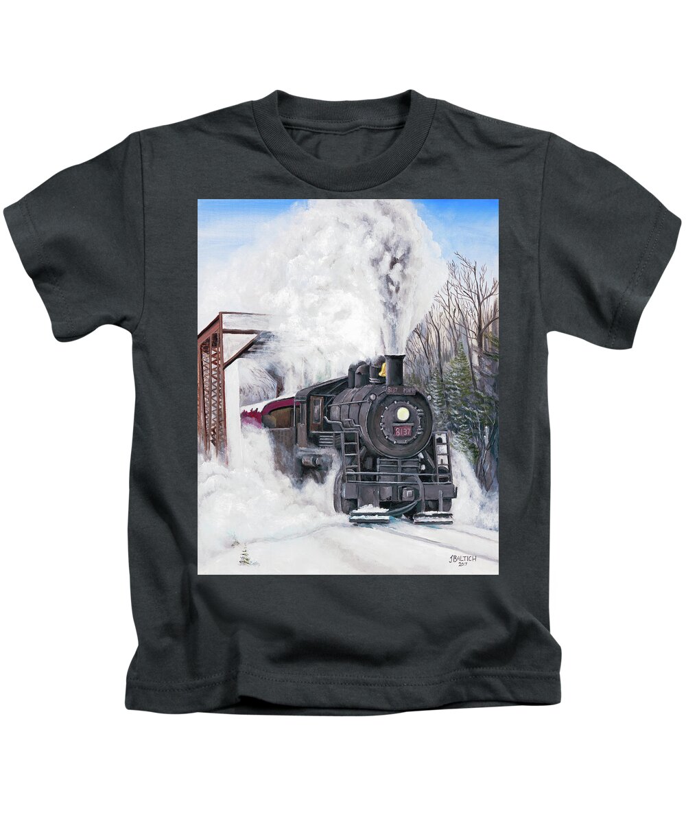 Train Kids T-Shirt featuring the painting Northbound at 35 Below by Joe Baltich
