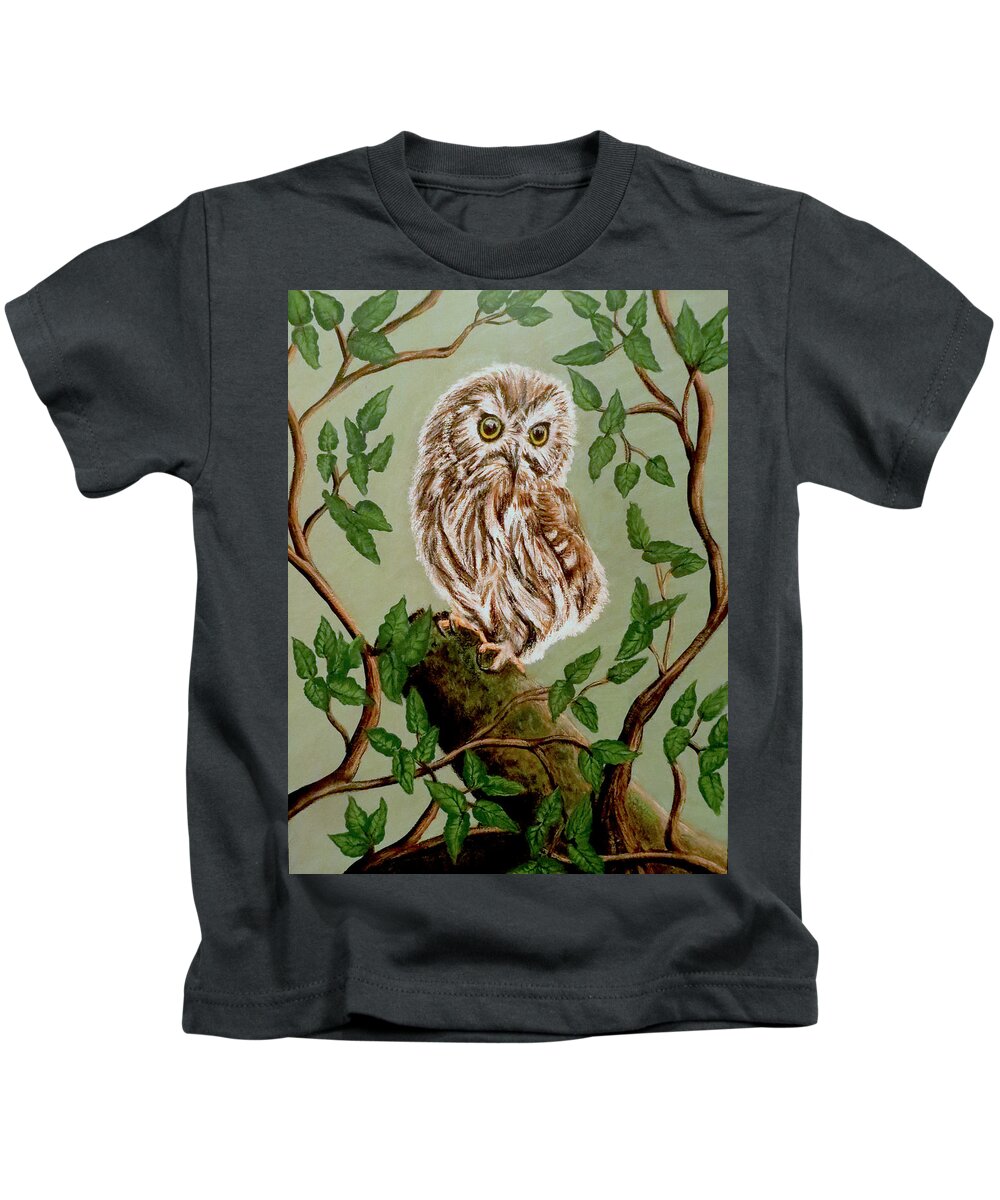 Painting Kids T-Shirt featuring the painting Northern Saw-Whet Owl by Teresa Wing