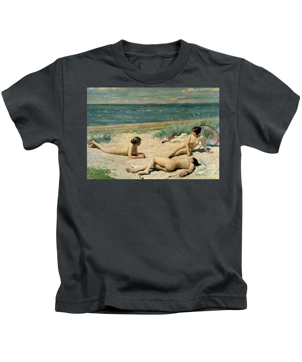 Nude Kids T-Shirt featuring the painting Nude bathers on the beach by Paul Fischer