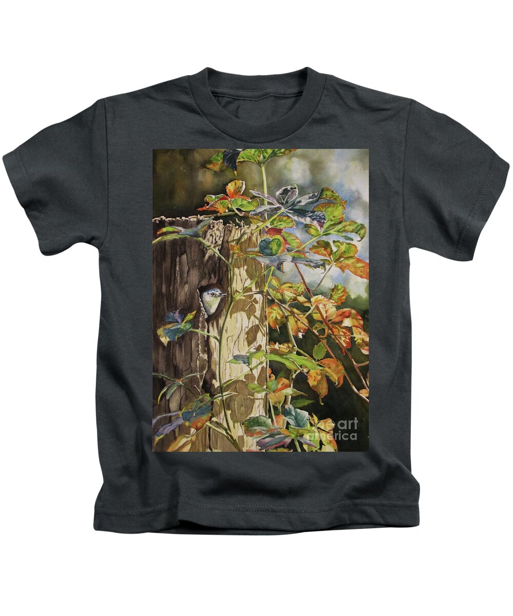 Nuthatch Kids T-Shirt featuring the painting Nuthatch and Creeper by Greg and Linda Halom