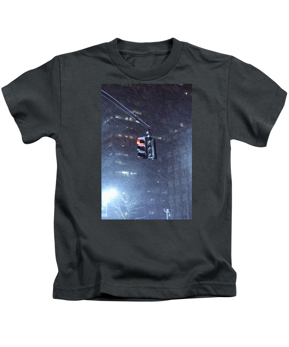 Nyc Traffic Signal Kids T-Shirt featuring the photograph NYC Traffic Signal hanging in snow storm on Park Avenue and 46th Street by Alexander Winogradoff
