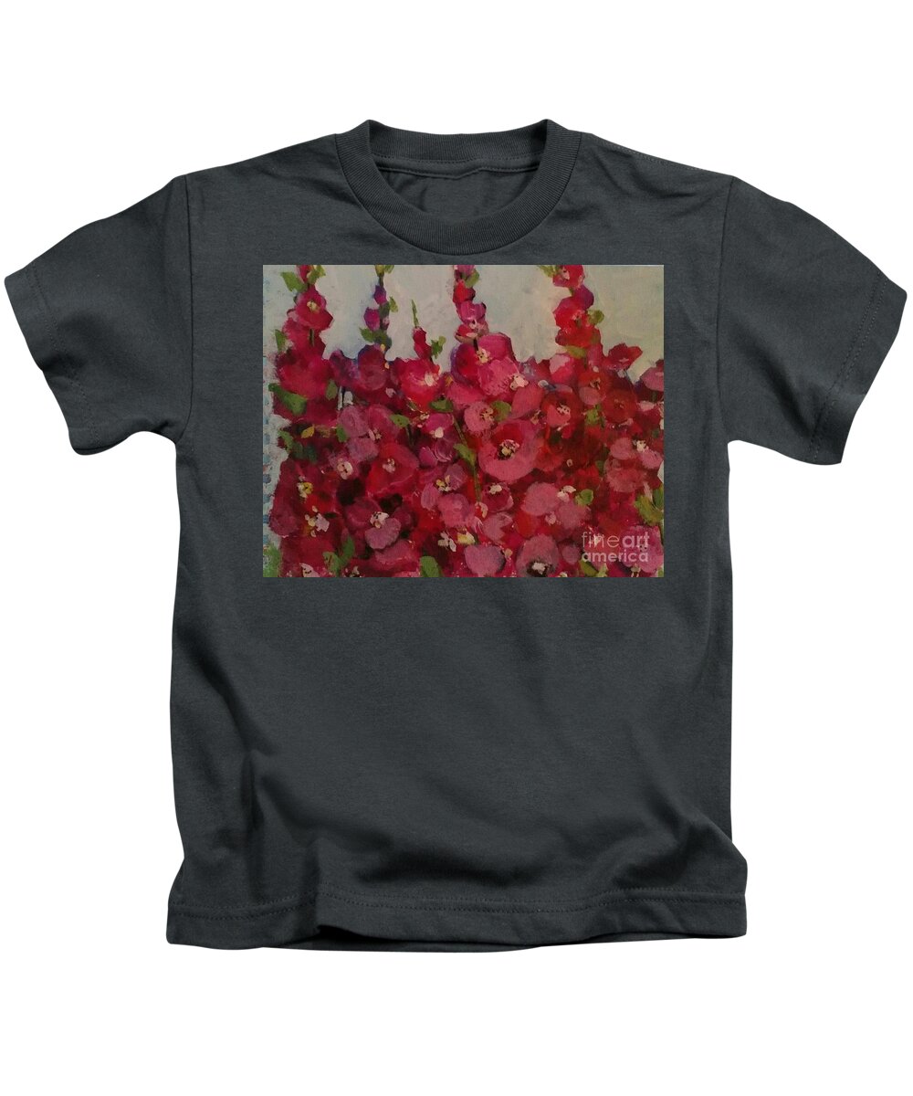 Floral Kids T-Shirt featuring the painting Oh My Hollyhocks by Sherry Harradence