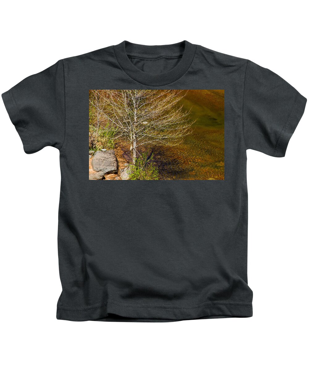 On The Shores Of Oak Creek Kids T-Shirt featuring the photograph On the Shores of Oak Creek by Bonnie Follett