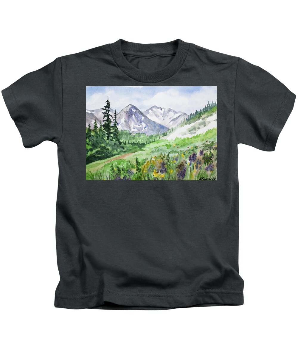 Colorado Kids T-Shirt featuring the painting Original Watercolor - Colorado Mountains and Flowers by Cascade Colors