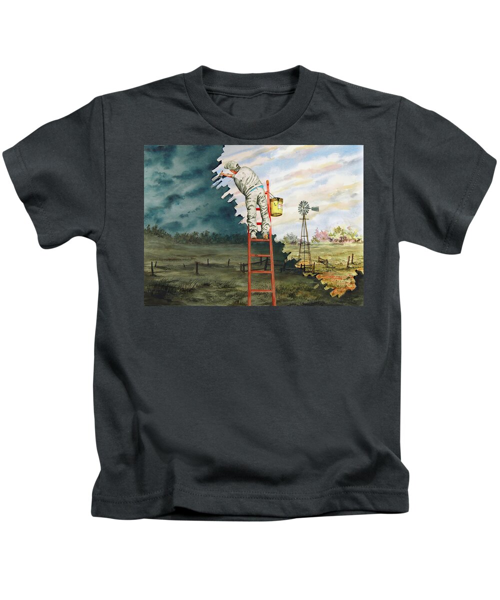 Landscape Kids T-Shirt featuring the painting Paintin Up A Storm by Sam Sidders