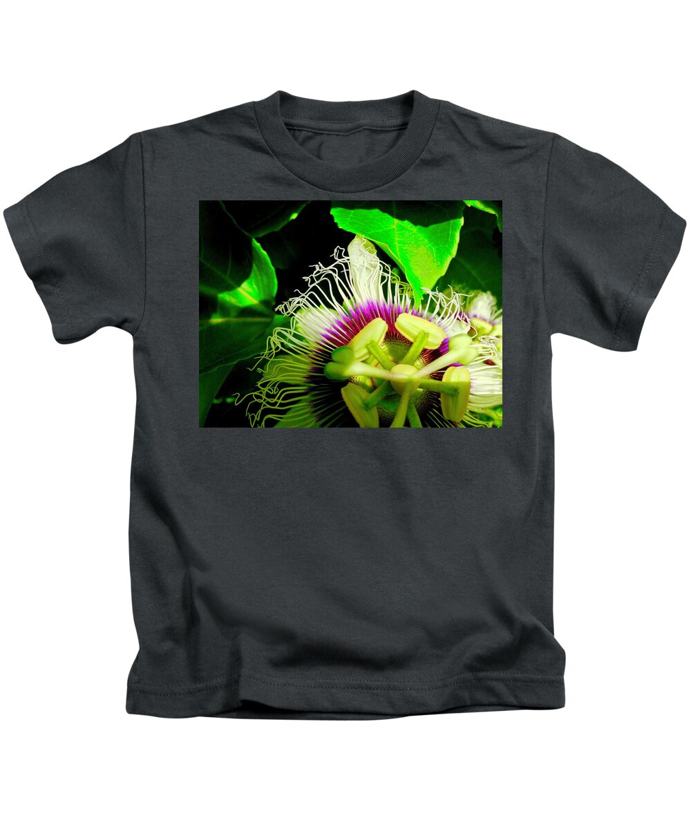 Flowers Of Aloha Passion Flower 2 Reflecting Purple Kids T-Shirt featuring the photograph Passion Flower 2 Reflecting by Joalene Young