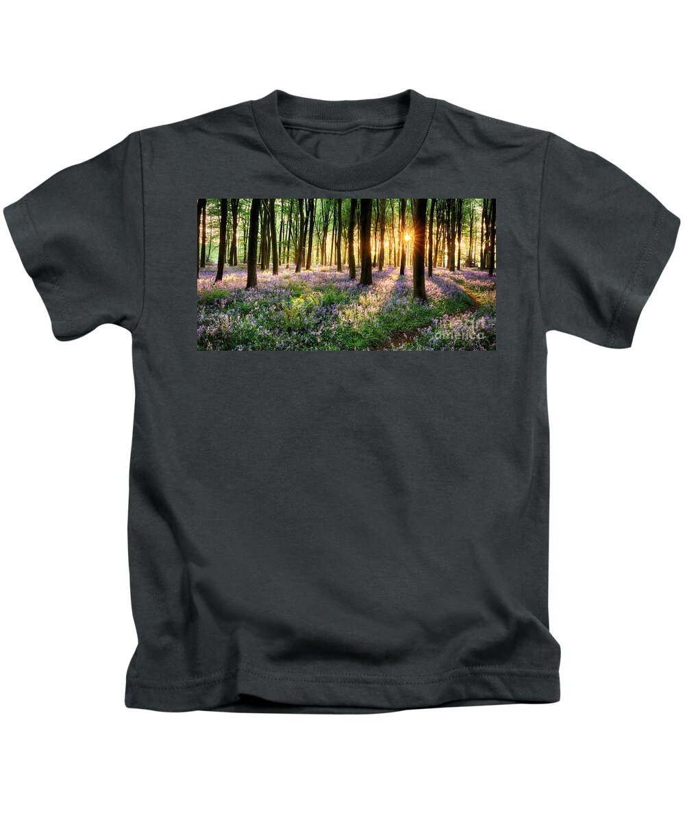 Flower Kids T-Shirt featuring the photograph English bluebell woodland path by Simon Bratt