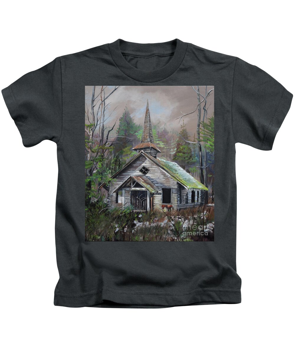 Church Kids T-Shirt featuring the painting Patiently Waiting - Church Abandoned by Jan Dappen