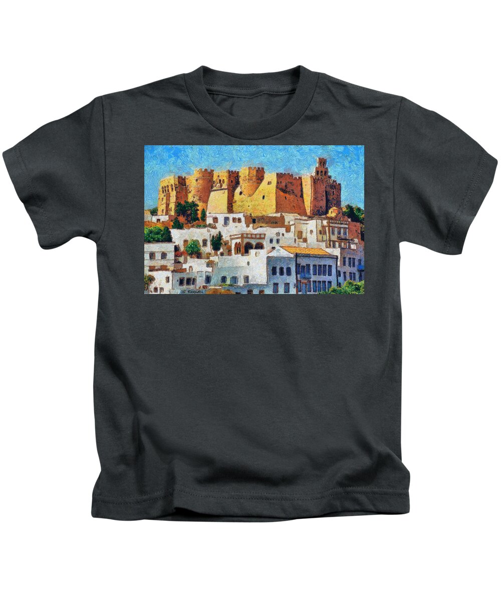 Rossidis Kids T-Shirt featuring the painting Patmos by George Rossidis