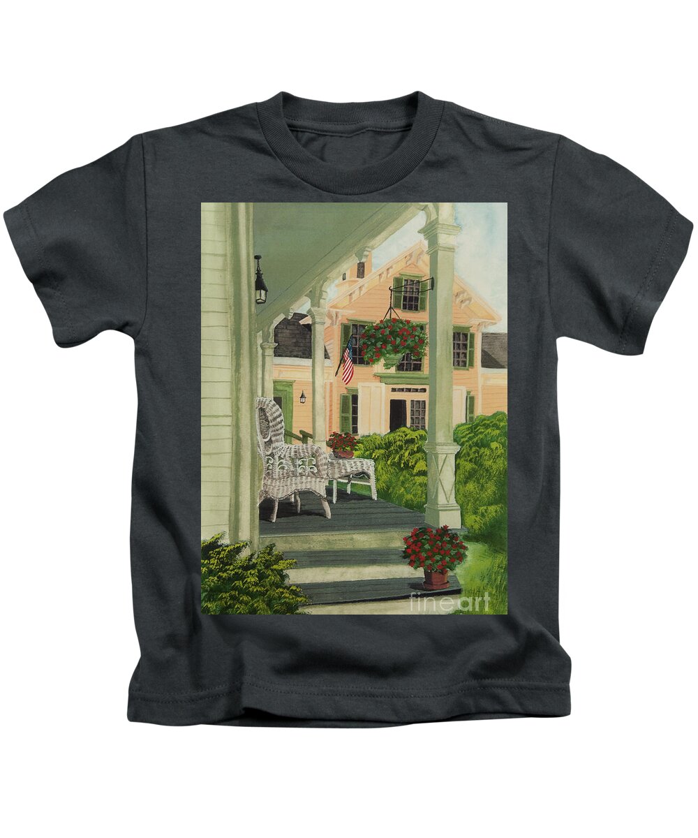 Side Porch Kids T-Shirt featuring the painting Patriotic Country Porch by Charlotte Blanchard
