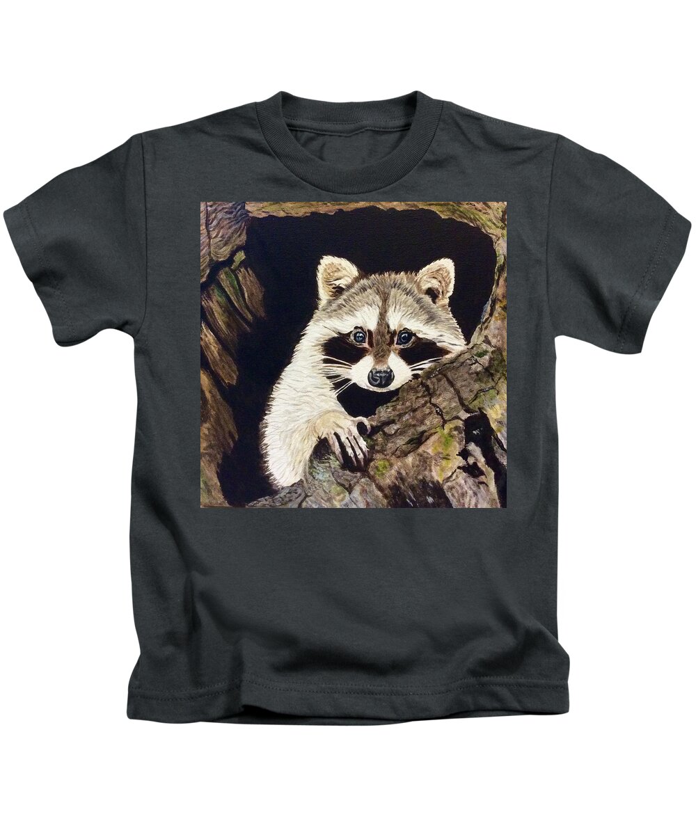 Racoon Kids T-Shirt featuring the painting Peeking out by Sonja Jones