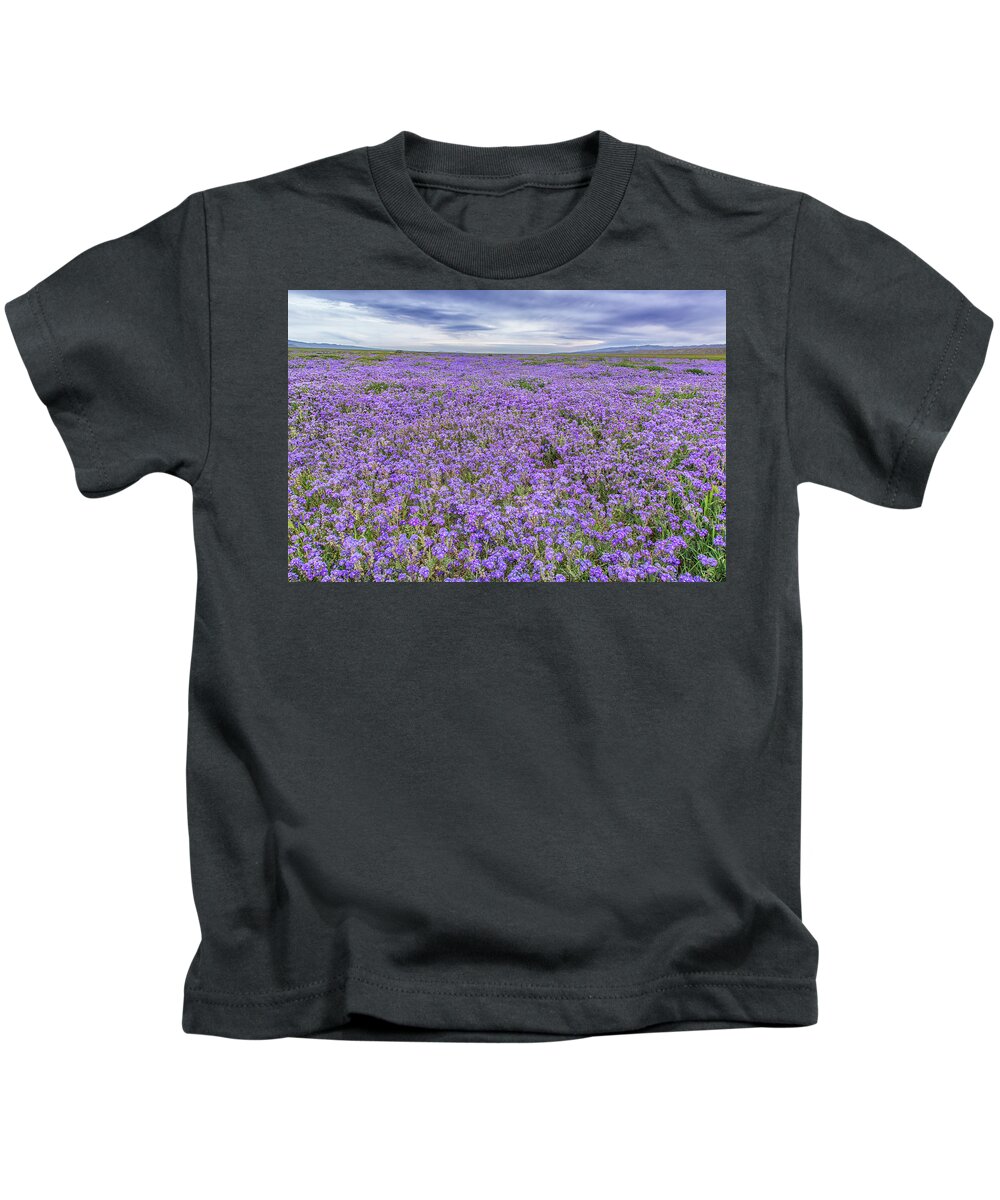 California Kids T-Shirt featuring the photograph Phacelia Field and Clouds by Marc Crumpler