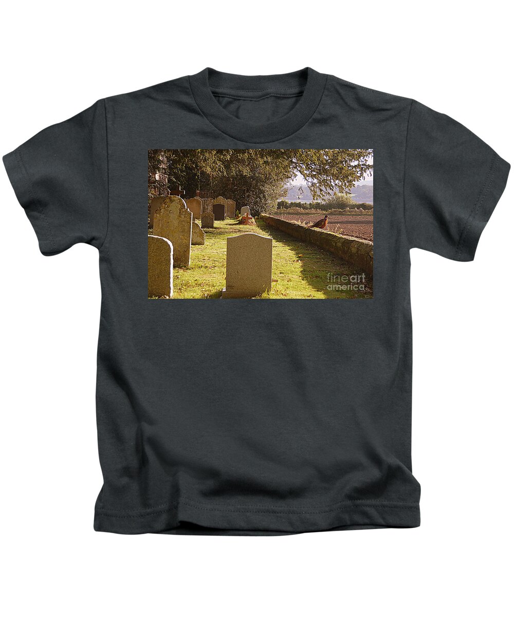 Pheasant Kids T-Shirt featuring the photograph Pheasant on the Graveyeard wall by Andy Thompson