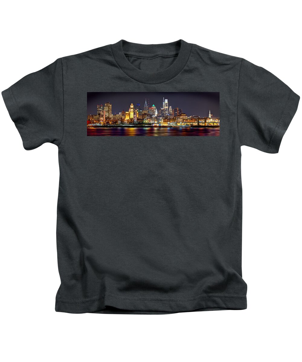 #faatoppicks Kids T-Shirt featuring the photograph Philadelphia Philly Skyline at Night from East Color by Jon Holiday