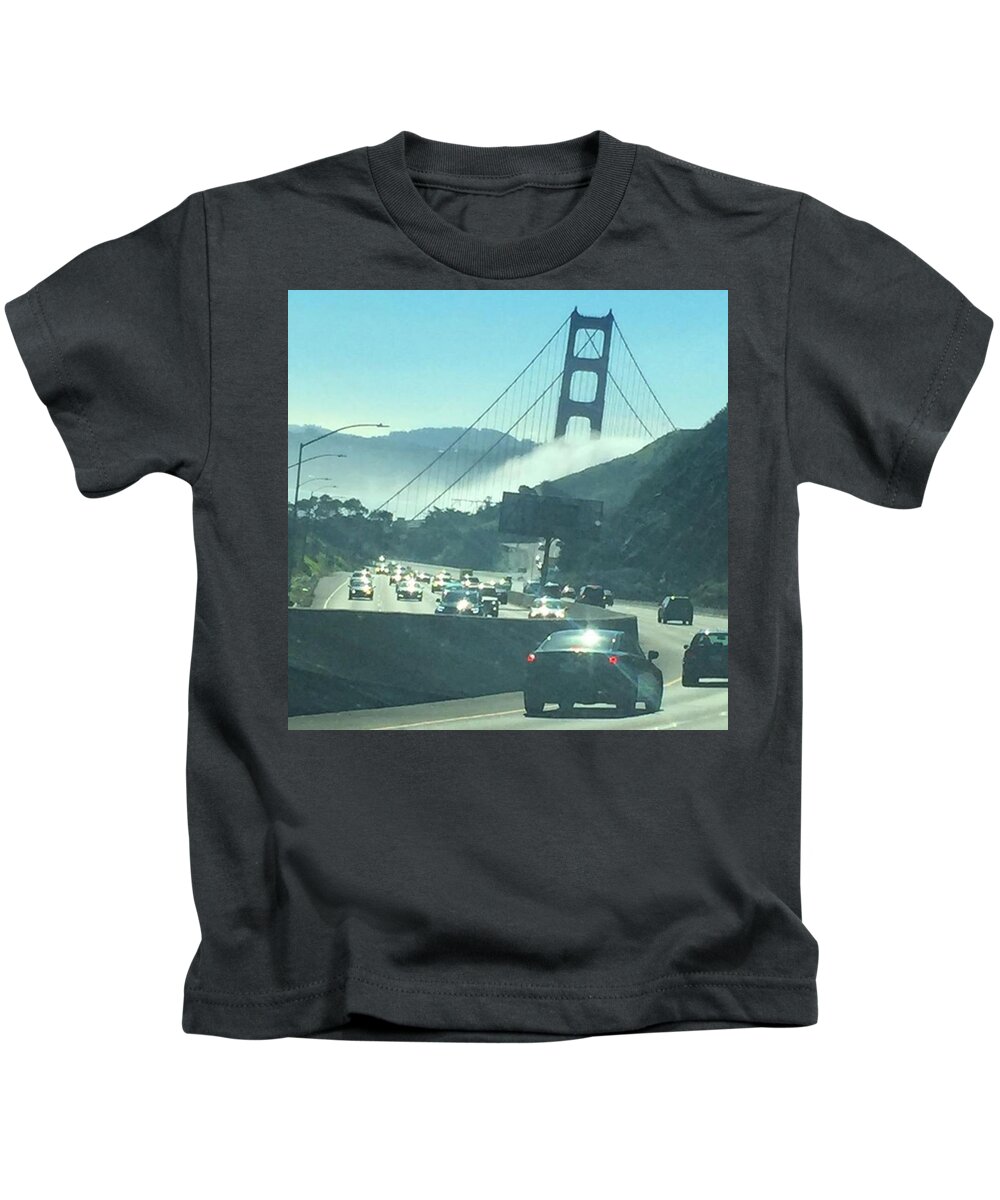 Golden Gate Bridge Kids T-Shirt featuring the photograph Golden Gate Bridge collapsing by Eugene Evon