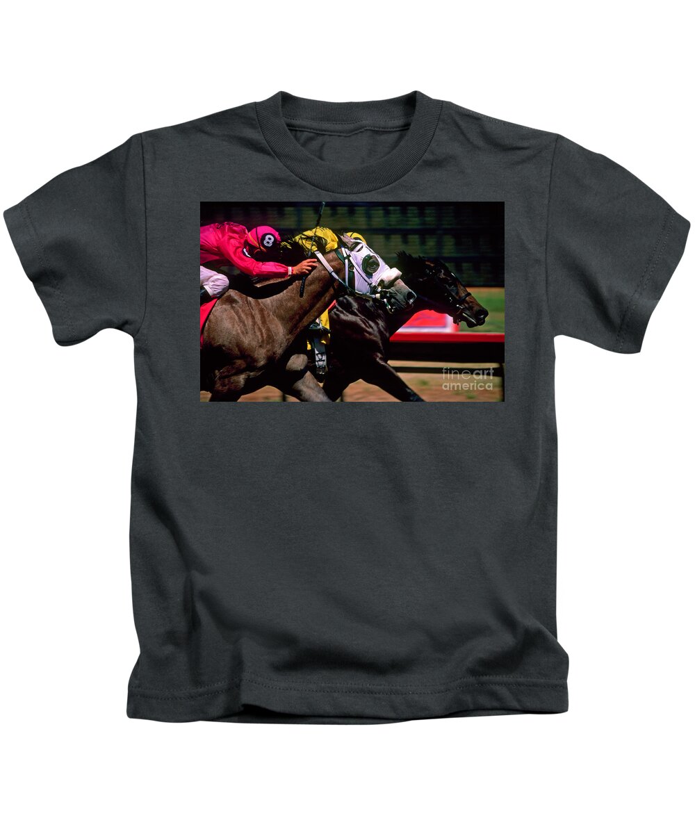 Horse Kids T-Shirt featuring the photograph Photo Finish by Kathy McClure