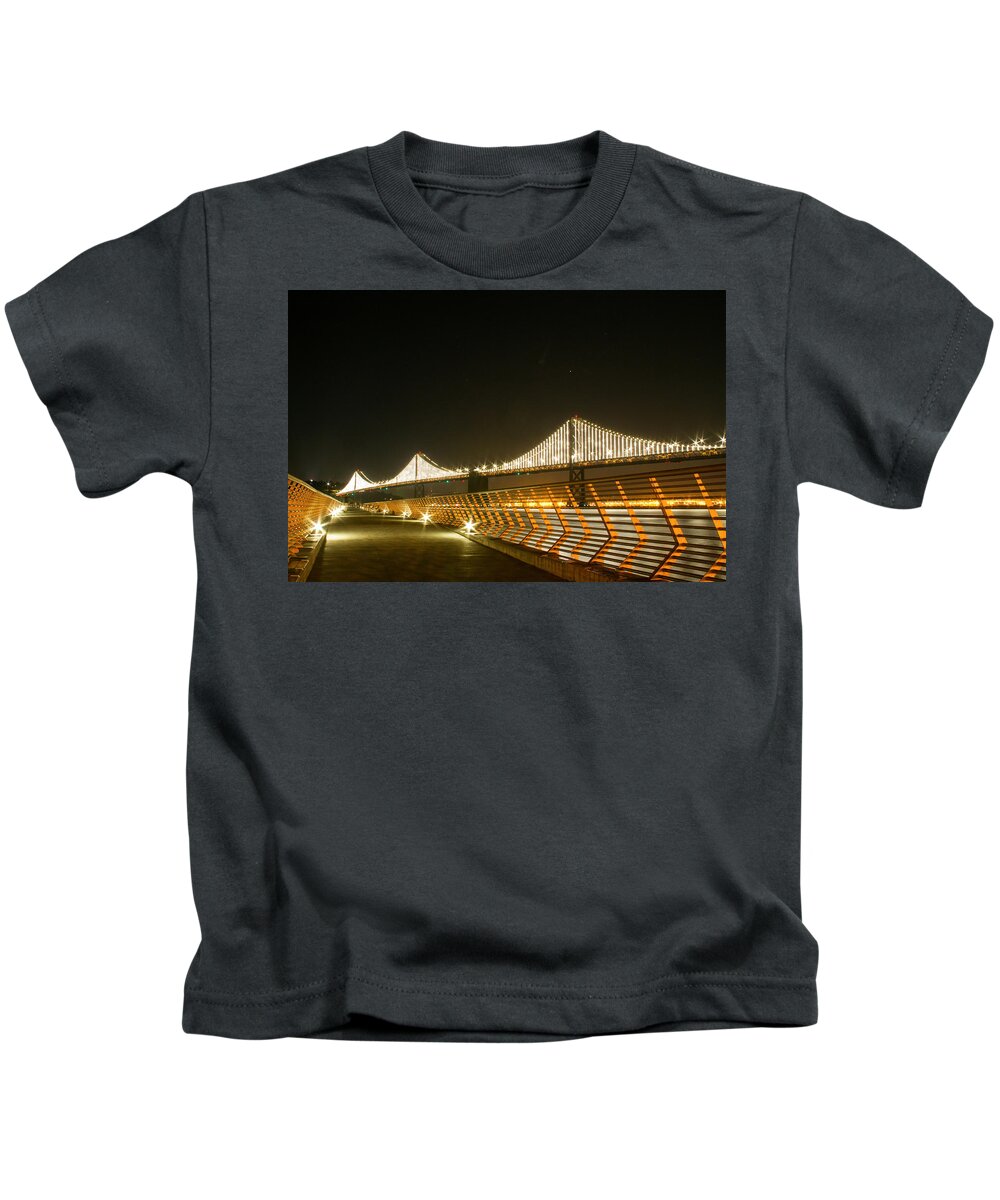 Pier 14 And Bay Bridge Lights Kids T-Shirt featuring the photograph Pier 14 and Bay Bridge Lights by Bonnie Follett