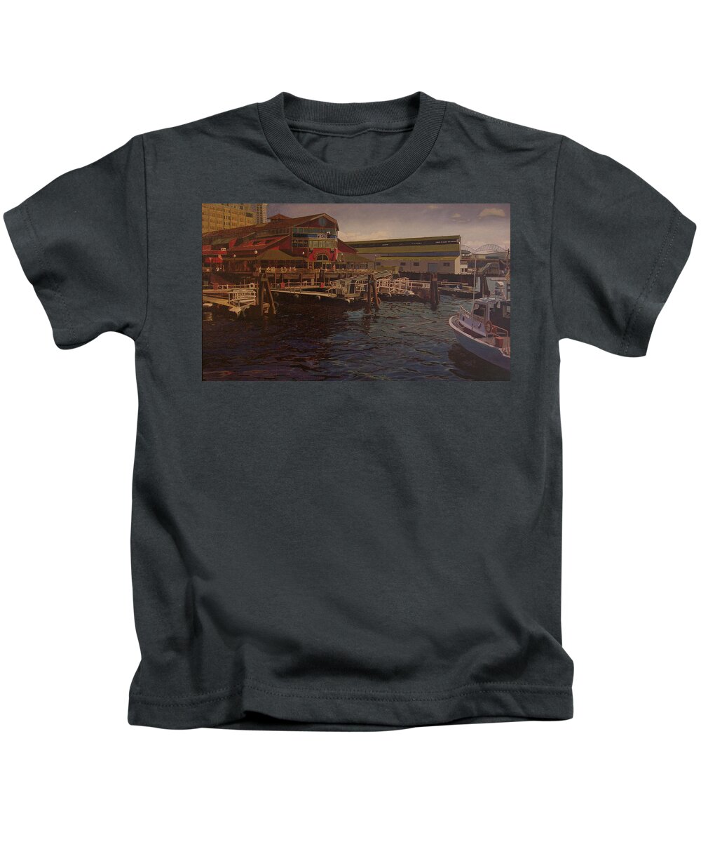 Seattle Waterfront Kids T-Shirt featuring the painting Pier 55 - Red Robin by Thu Nguyen