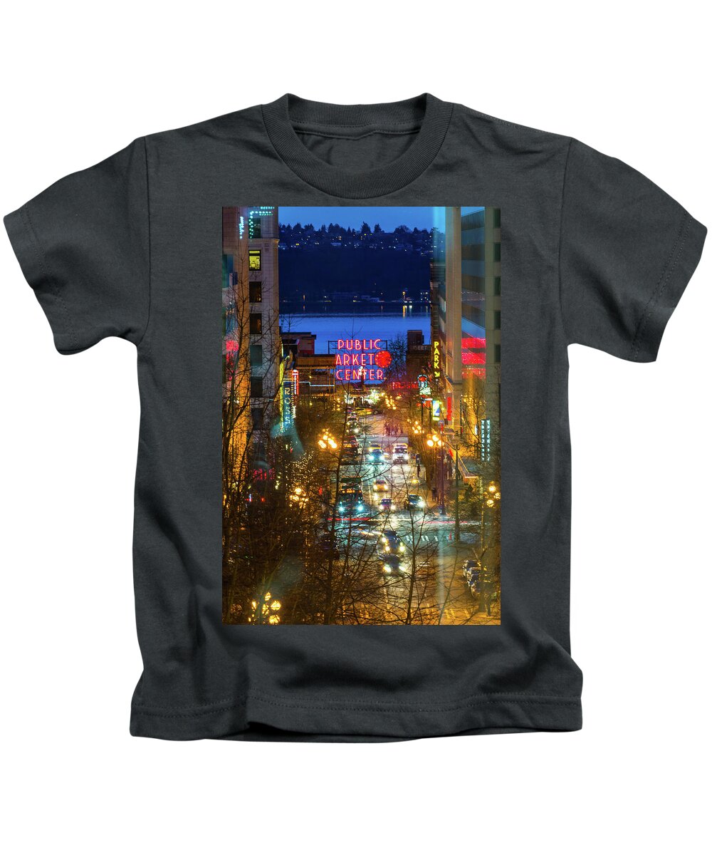 Landscape Kids T-Shirt featuring the photograph Pike Place Market - Seattle by Hisao Mogi