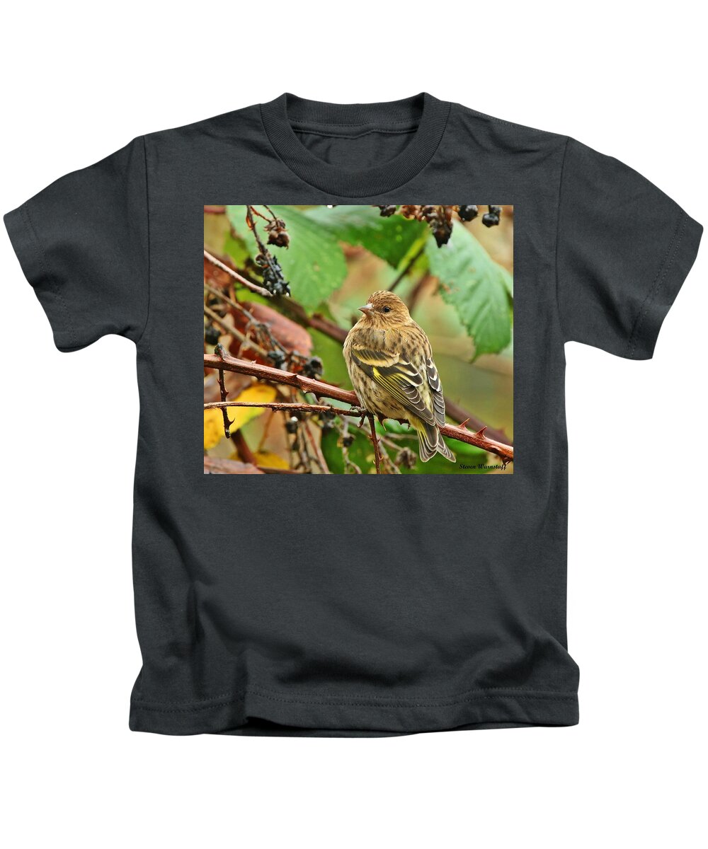 Bird Kids T-Shirt featuring the photograph Pine Siskin by Steve Warnstaff