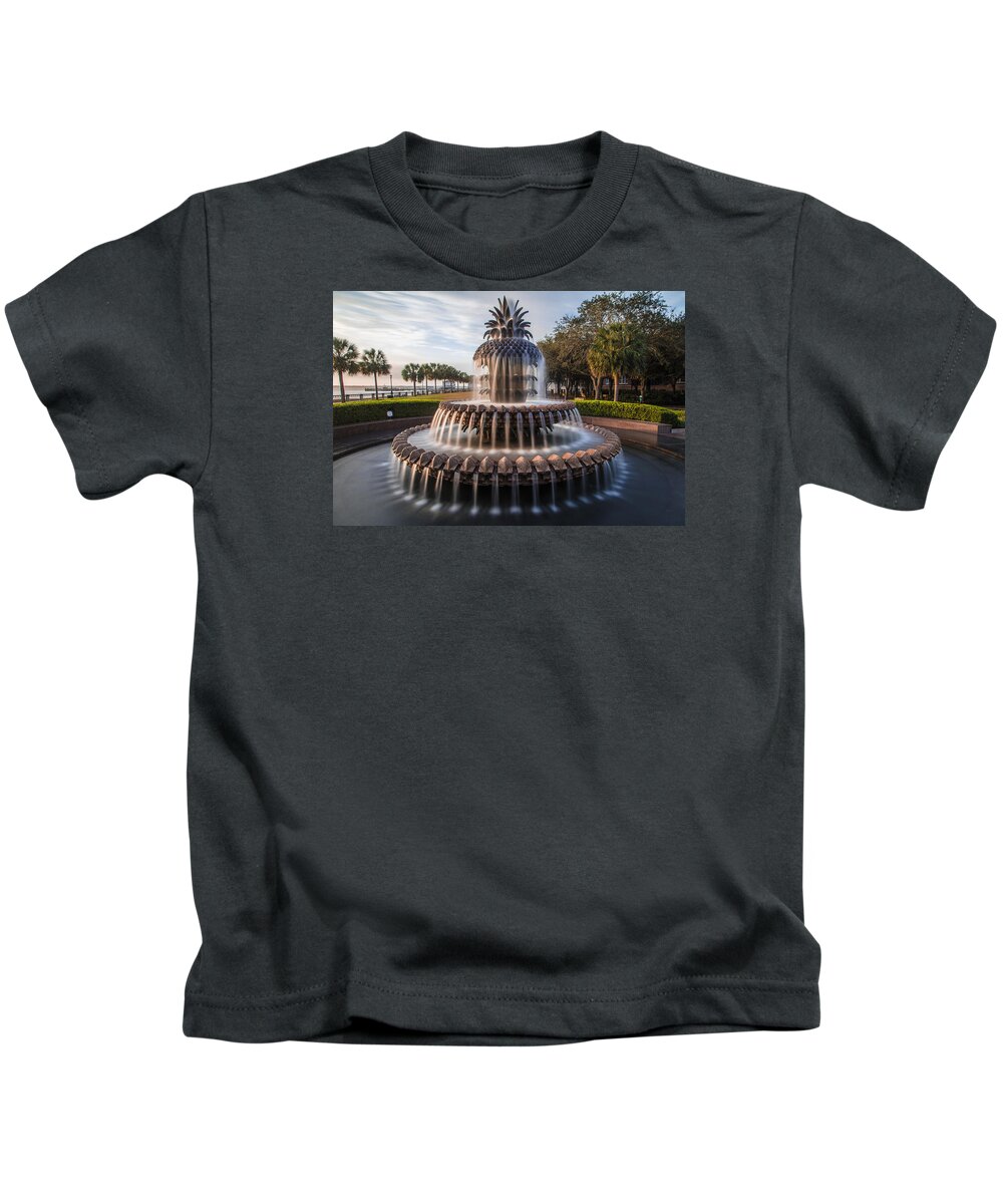 Pineapple Kids T-Shirt featuring the photograph Pineapple Fountain Charleston Sunrise by John McGraw