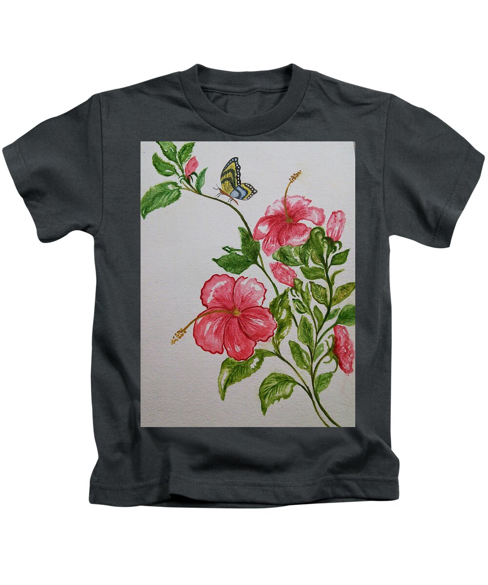 Floral Kids T-Shirt featuring the painting Pink Hibiscus with Butterfly by Susan Nielsen