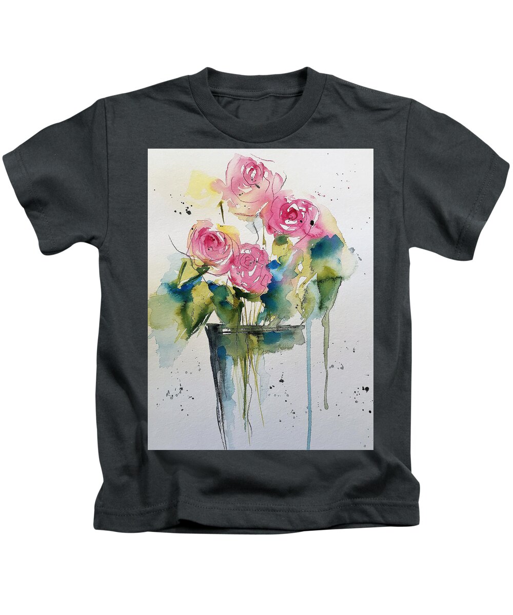 Garden Kids T-Shirt featuring the painting pink Roses Part 1 by Britta Zehm