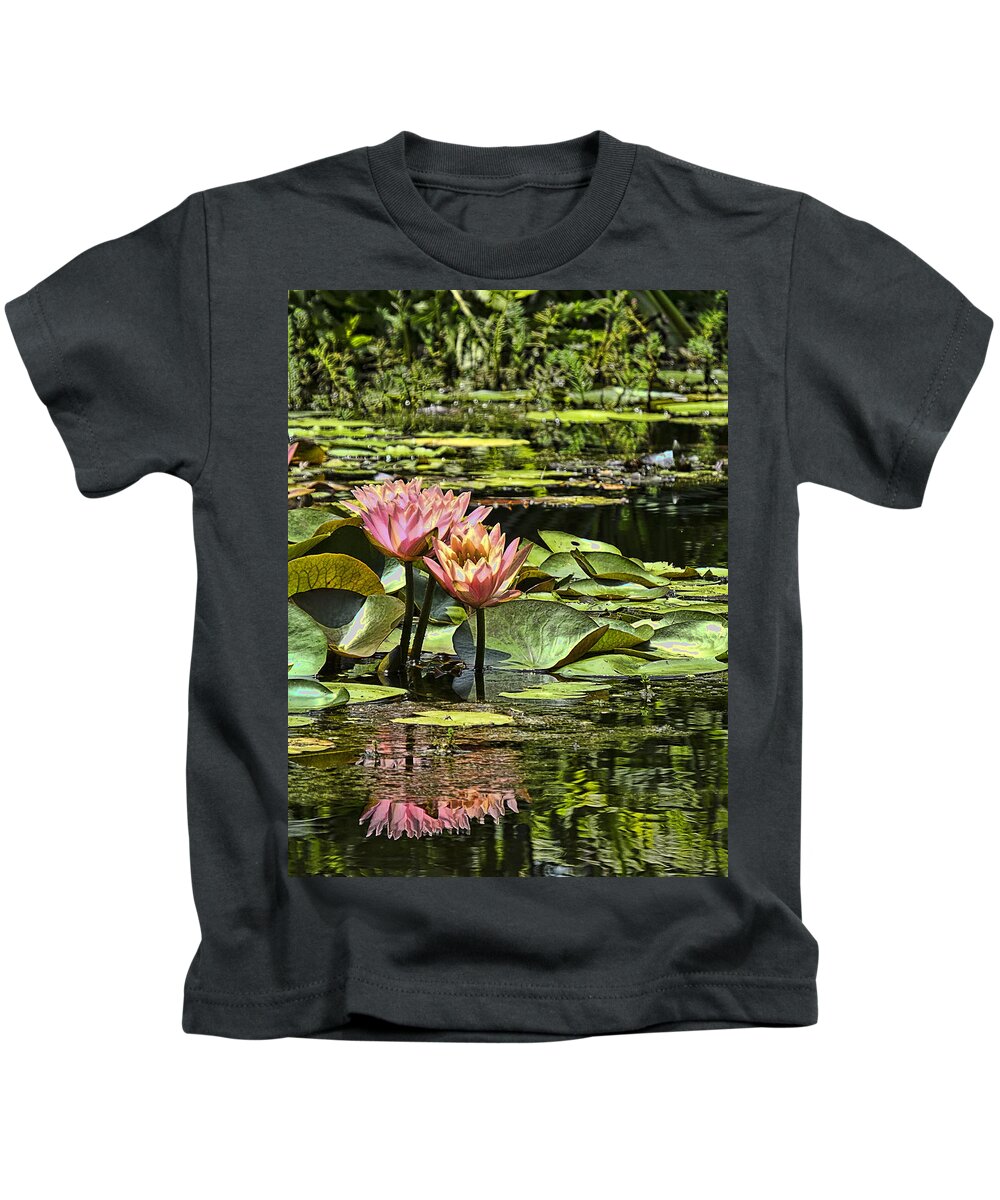 Water Kids T-Shirt featuring the photograph Pink Water Lily Reflections by Bill Barber