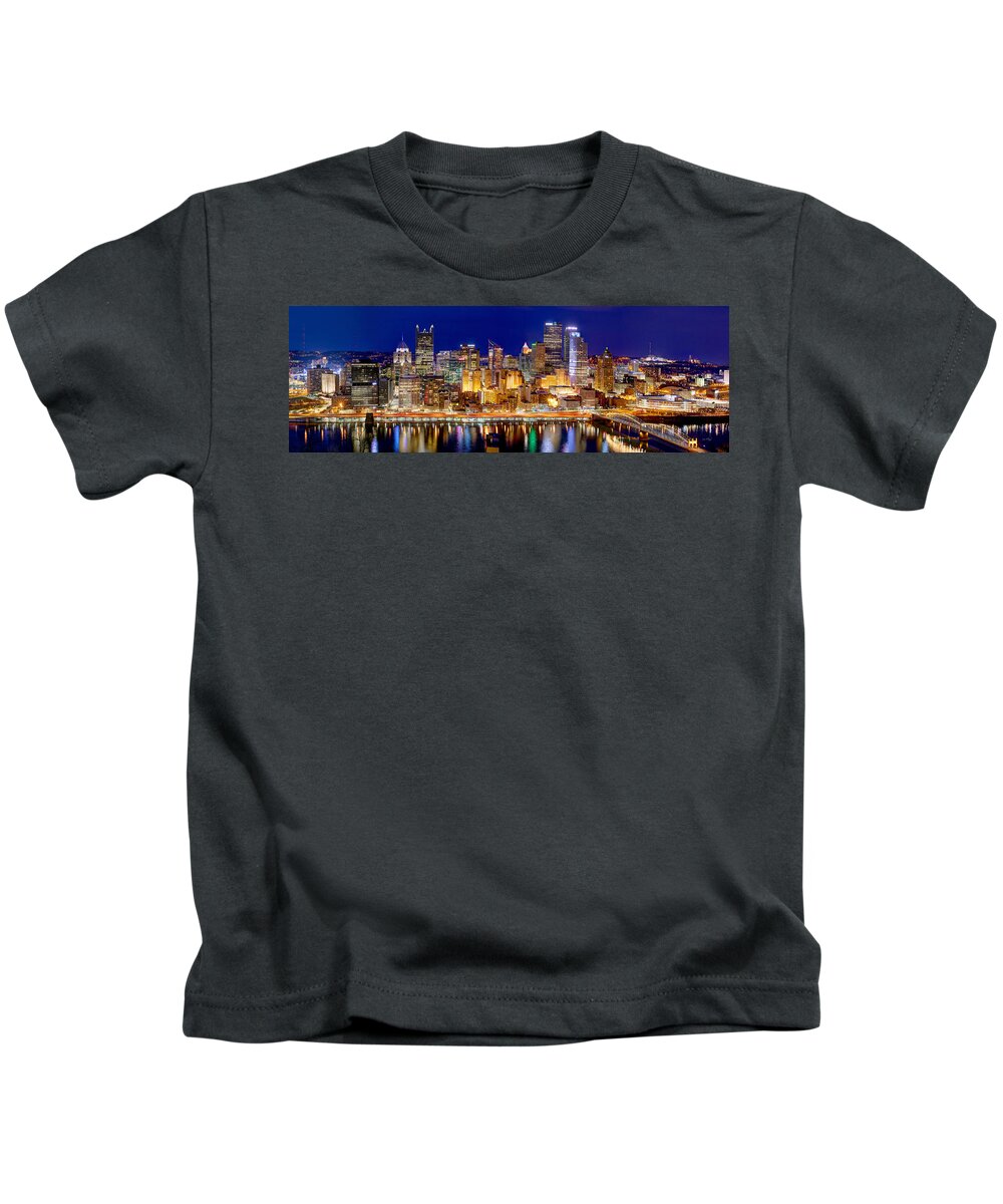 Pittsburgh Skyline At Night Kids T-Shirt featuring the photograph Pittsburgh Pennsylvania Skyline at Night Panorama by Jon Holiday