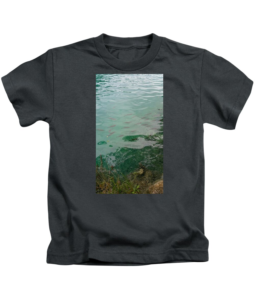  Kids T-Shirt featuring the photograph Plitvice Lakes, Croatia 38 Swimming school 3 by Zachary Lowery