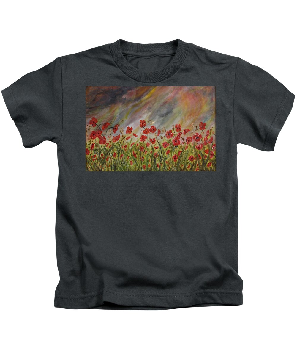 Poppies Kids T-Shirt featuring the painting Poppies in a storm by David Capon