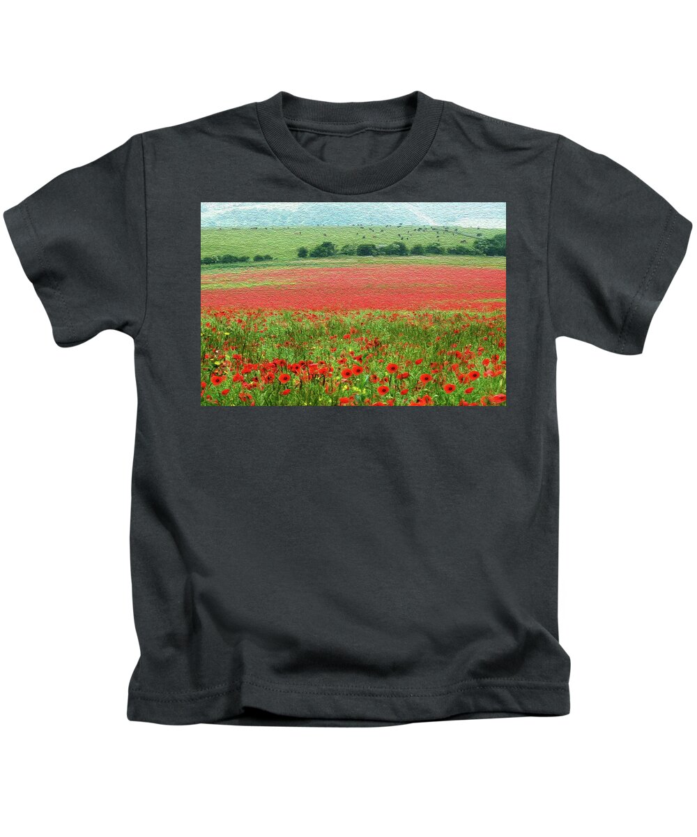 Poppies Kids T-Shirt featuring the photograph Poppy Field and Cows by Vanessa Thomas