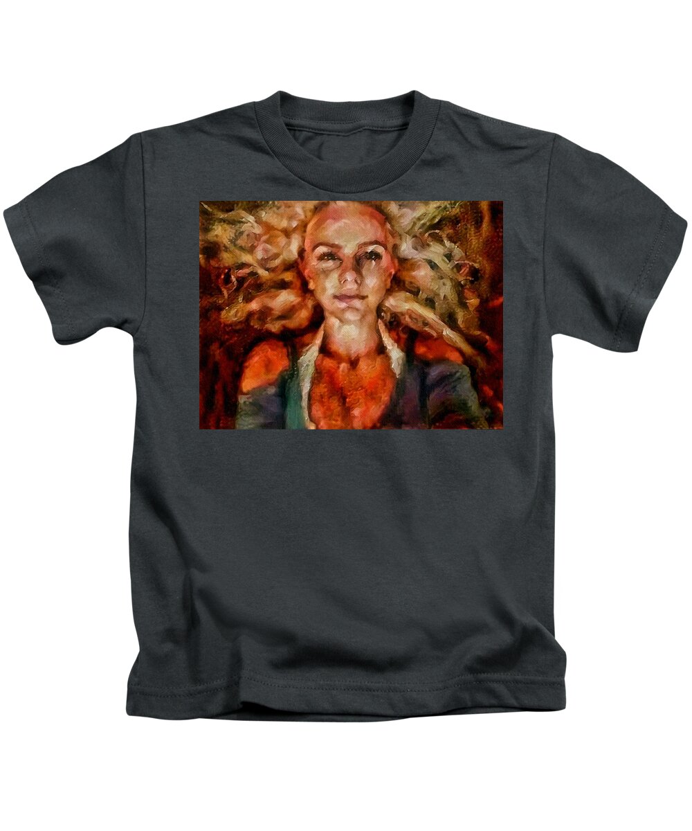 Portrait Of Female Kids T-Shirt featuring the painting Portrait of female with hair billowing everywhere in radiant unsmiling sharp features golden warm colors and upturned nose curls and aliens of the departure by MendyZ