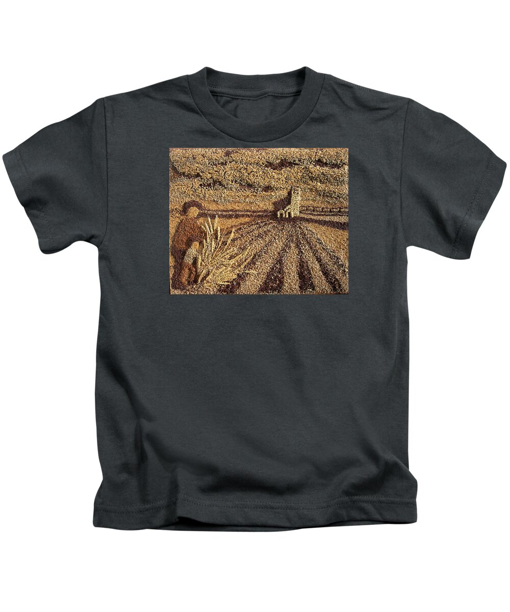 Prairie Agricultural Scene Kids T-Shirt featuring the painting Prairie Harvest by Naomi Gerrard