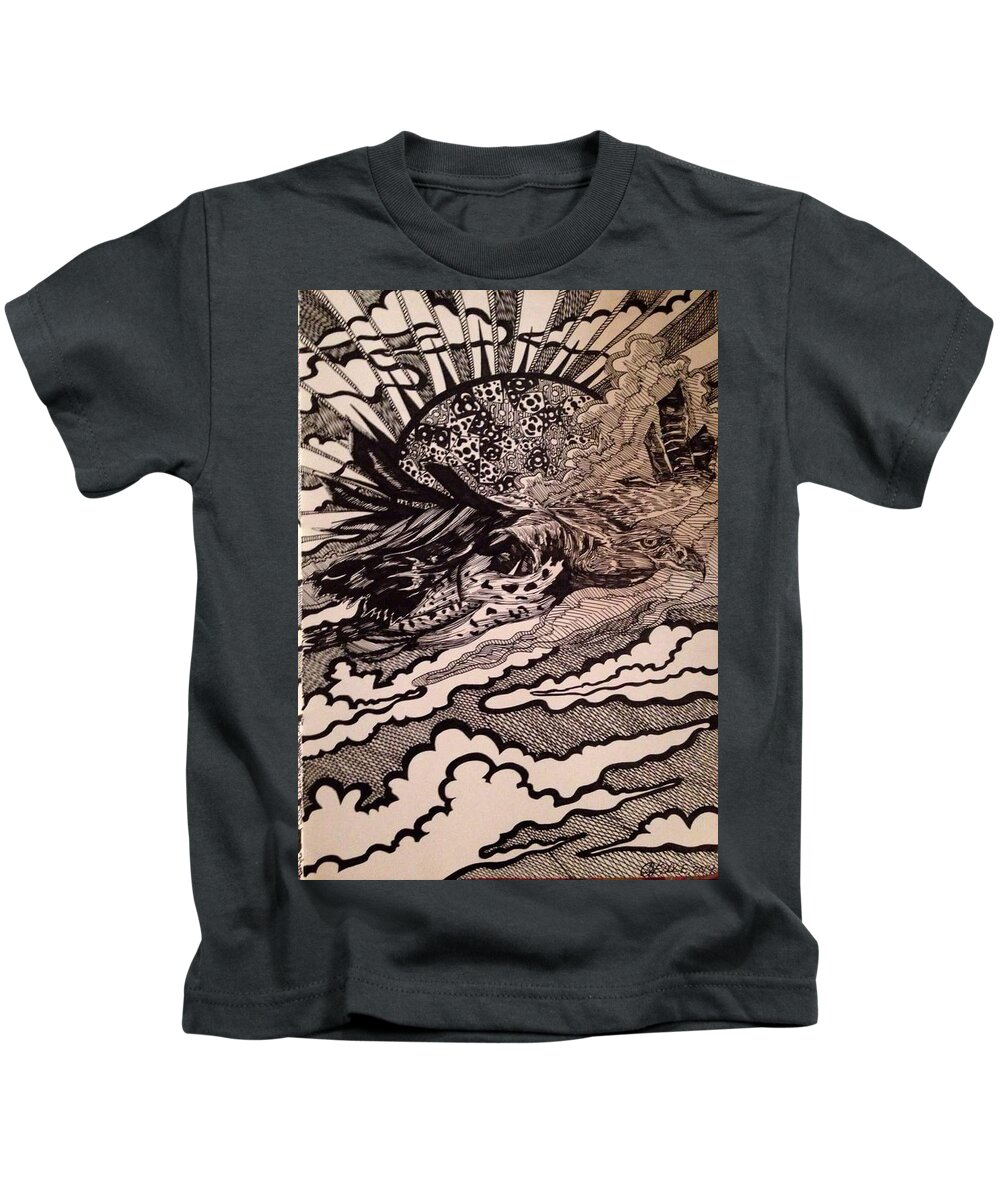 Bird Kids T-Shirt featuring the drawing Psychedelic Sun Flight by Angela Weddle