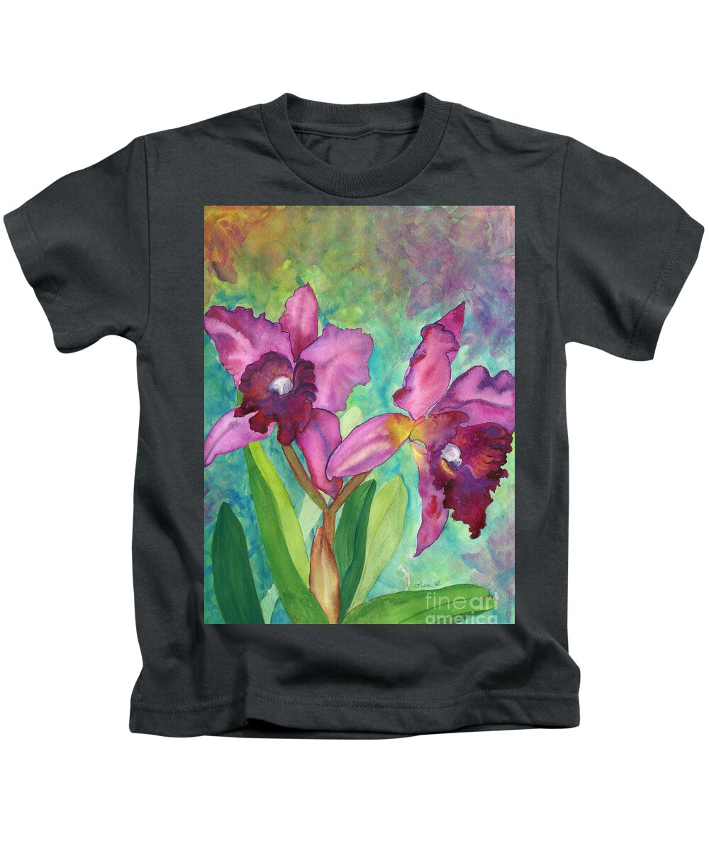  Orchid Kids T-Shirt featuring the painting Purple Cattleya Orchid by Lisa Debaets