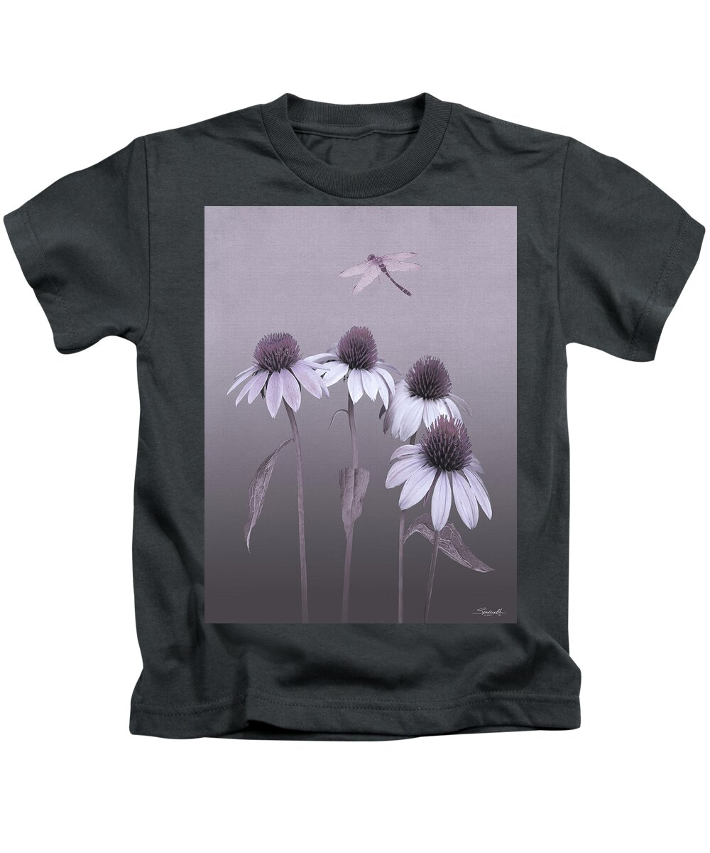 Echinacea Kids T-Shirt featuring the digital art Purple Coneflowers and Dragonfly by M Spadecaller